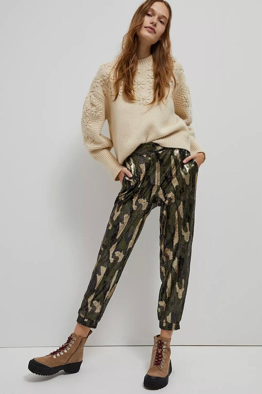 Anthropologie Green Camo Sequin Jogger Pant XS